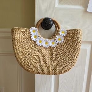Woven Straw Tote with Floral Detail